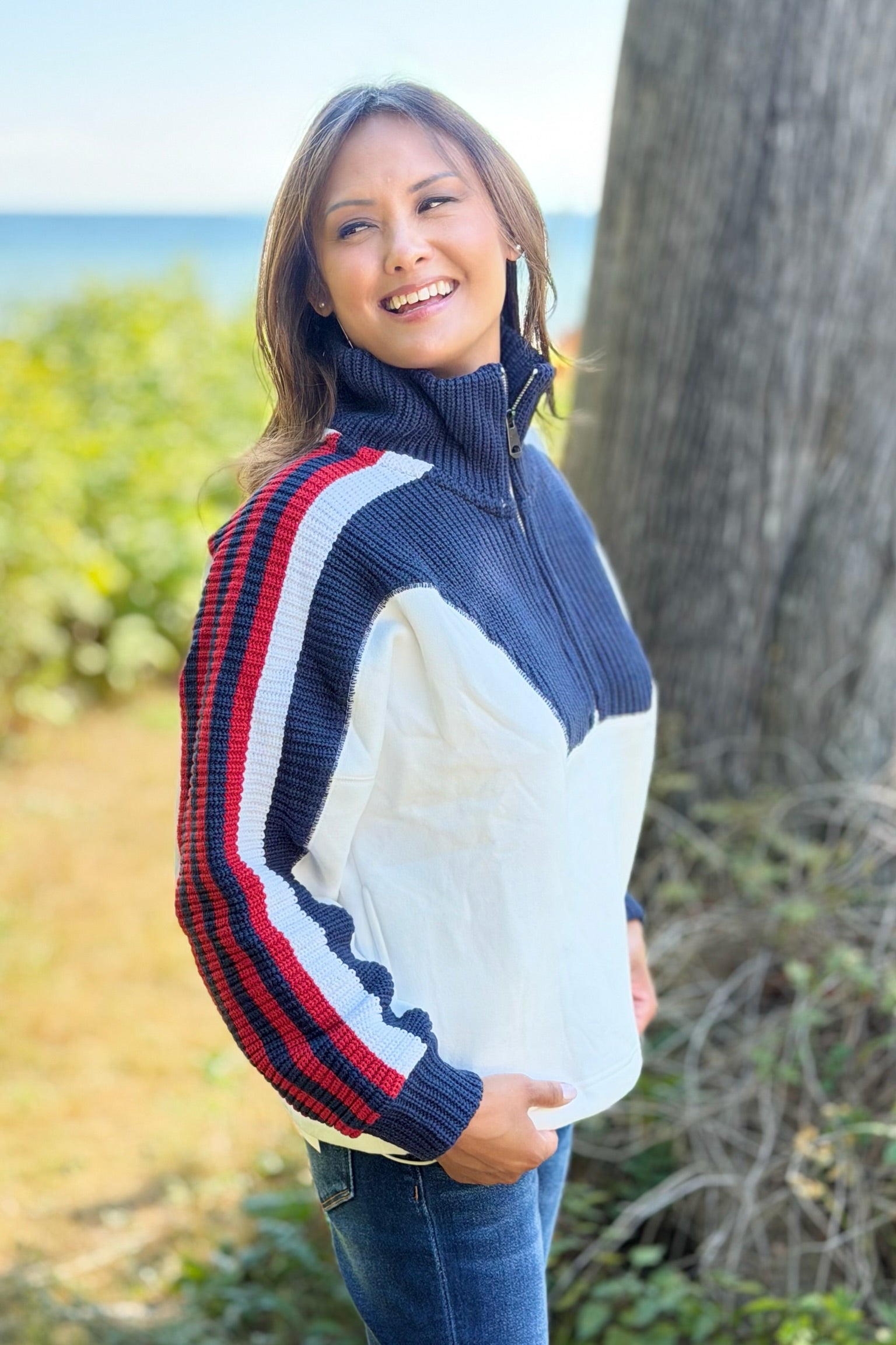 Varsity Stripe Half Zip Sweater