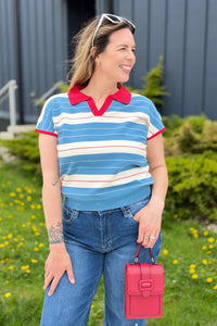 Striped Polo-Style Top Contrast Collar