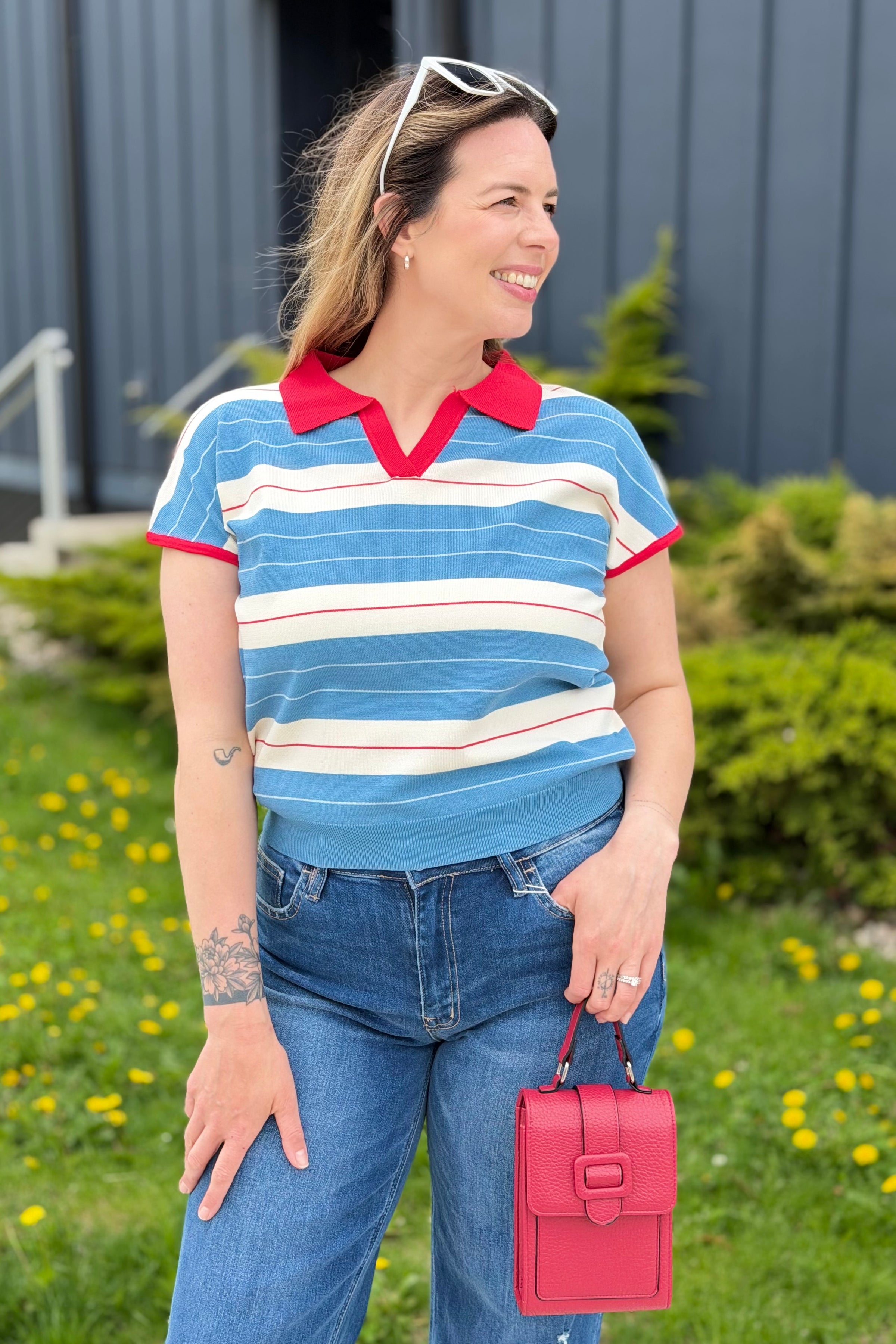 Striped Polo-Style Top Contrast Collar