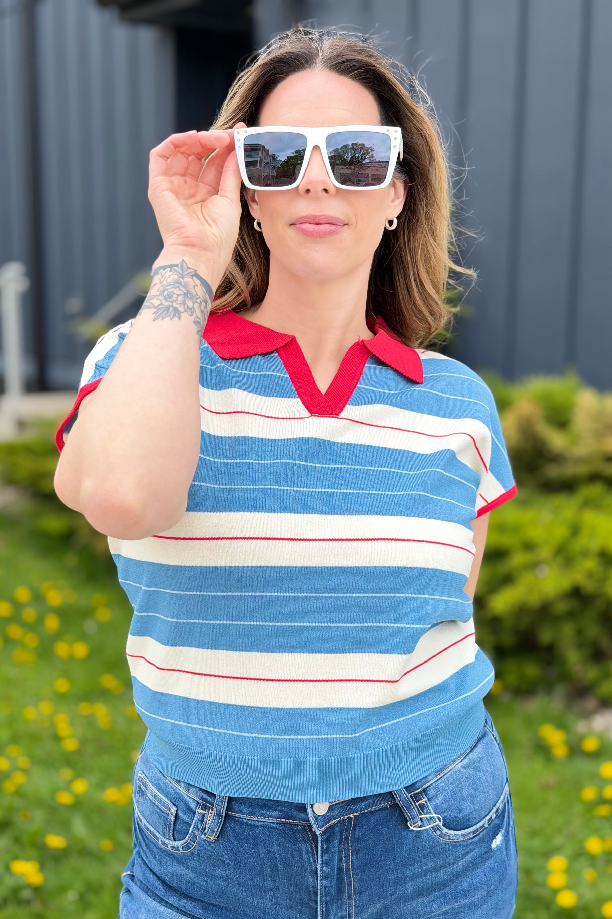 Striped Polo-Style Top Contrast Collar