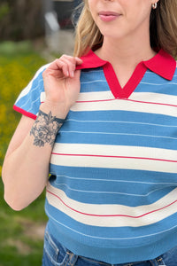 Striped Polo-Style Top Contrast Collar