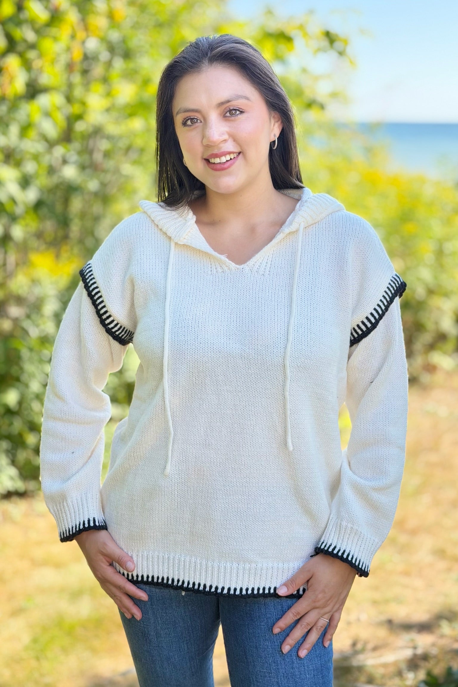 Contrast Knit Hoodie Sweater - Cream