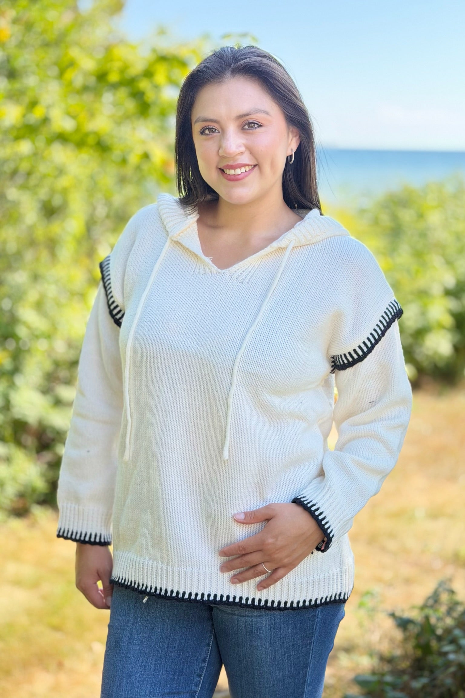 Contrast Knit Hoodie Sweater - Cream