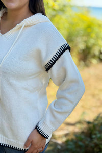 Contrast Knit Hoodie Sweater - Cream