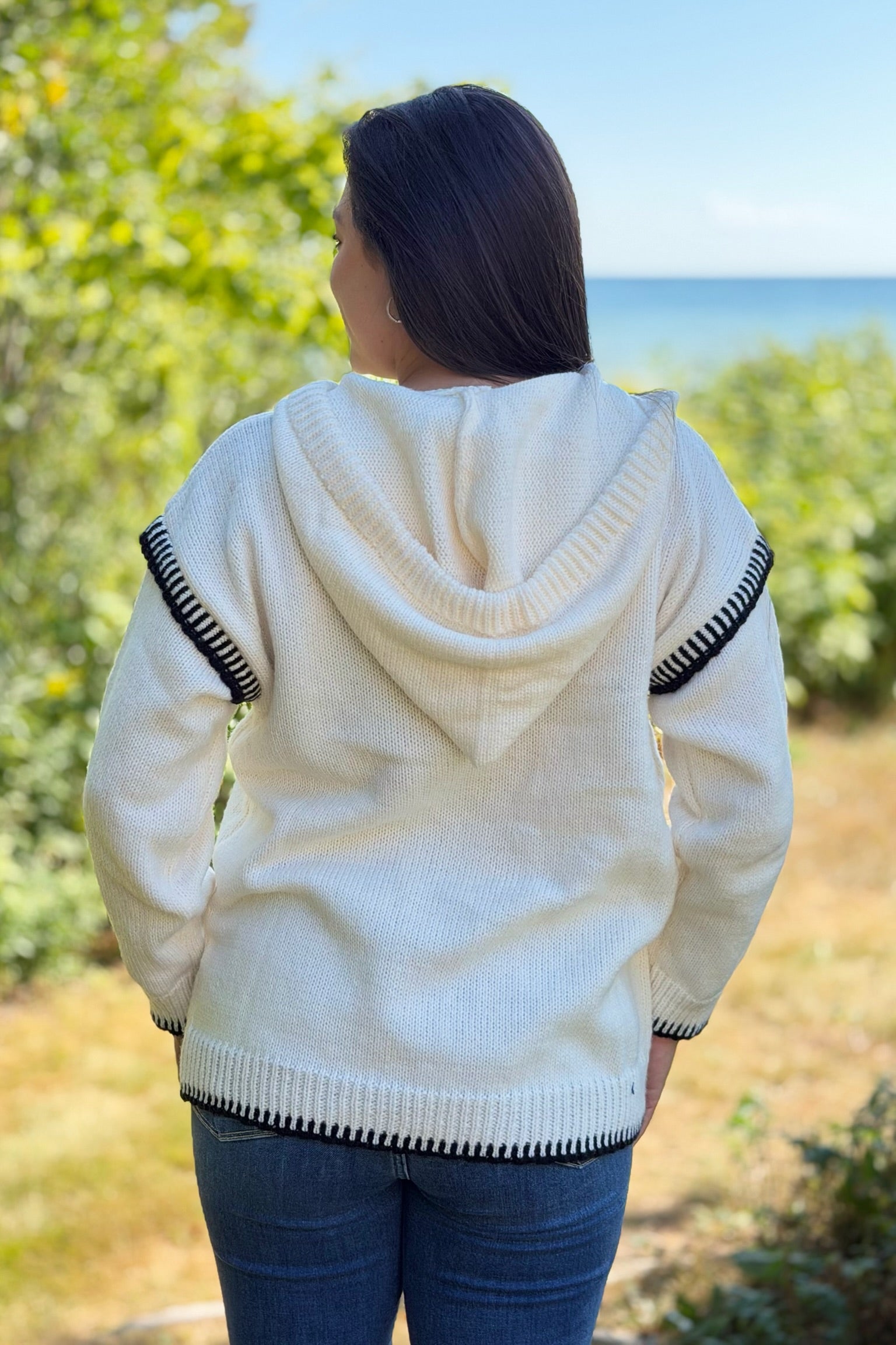 Contrast Knit Hoodie Sweater - Cream