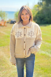 Graphic Collared Knit Cardigan - Latte