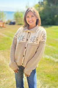 Graphic Collared Knit Cardigan - Latte