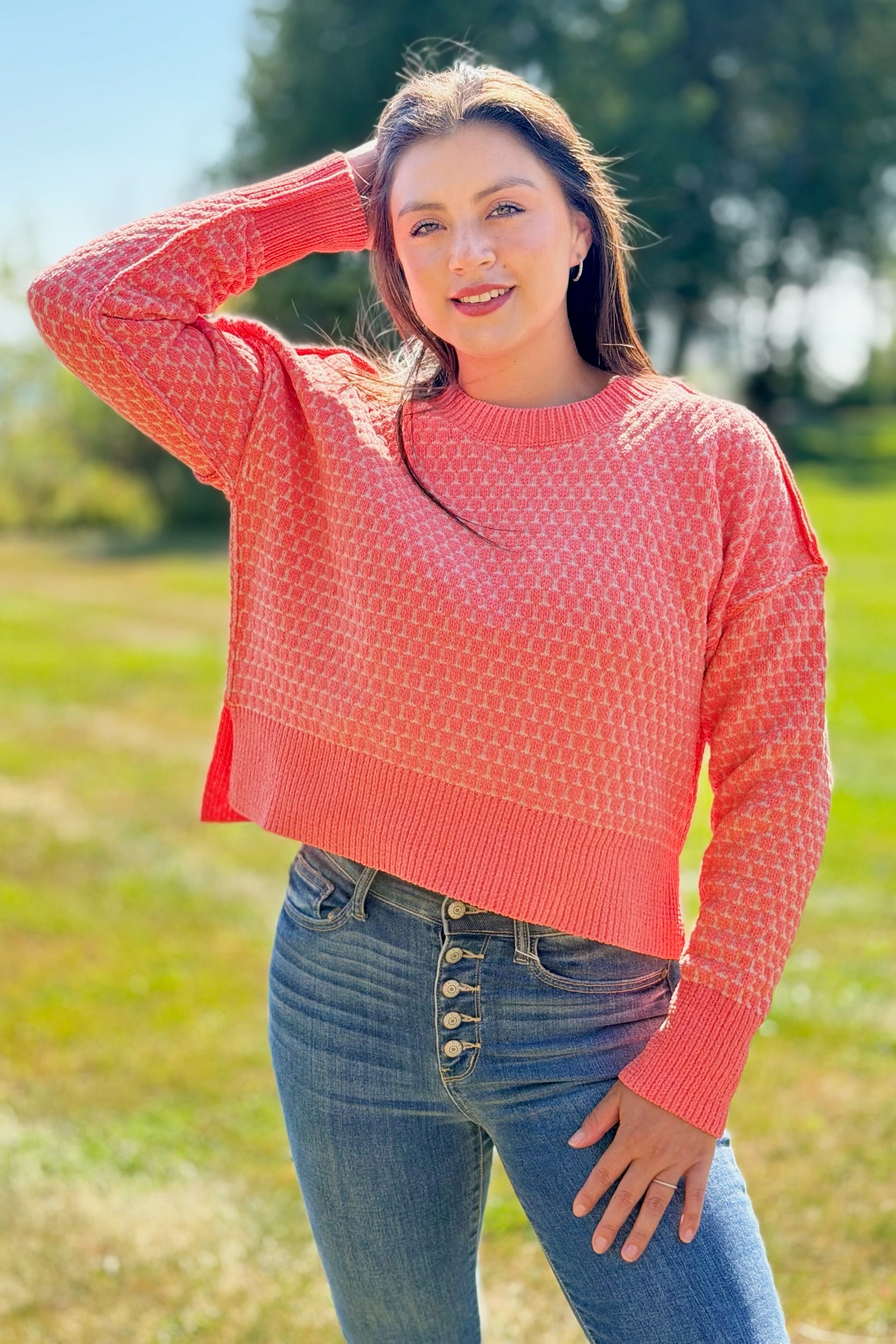 Geometric Check Sweater - Coral