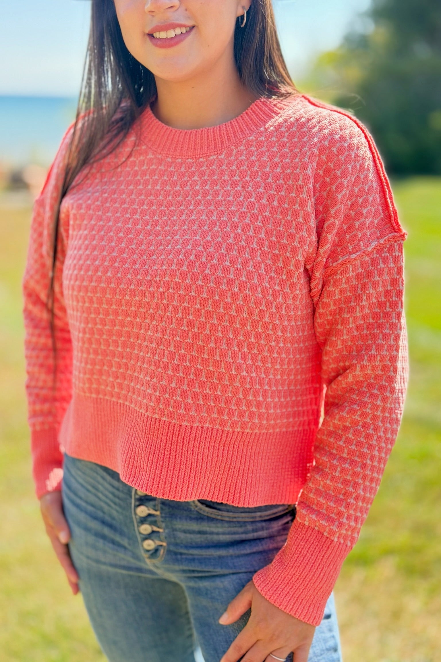 Geometric Check Sweater - Coral