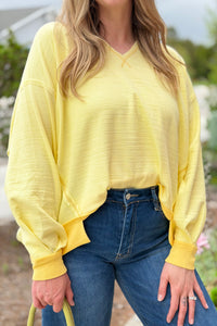 Casual Knit Top With Raw Edge - Yellow