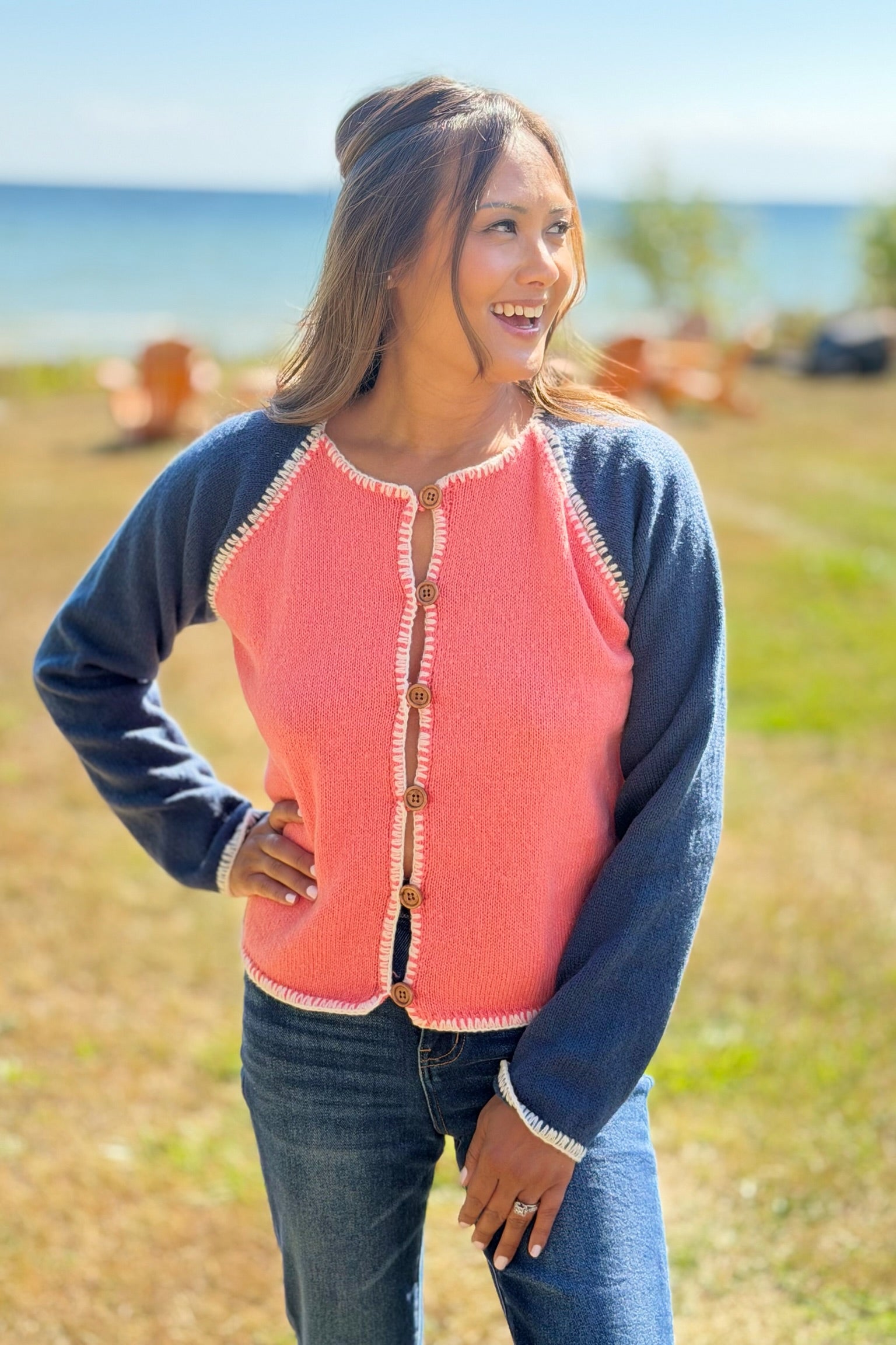 Contrast Stitch Cardigan - Orange