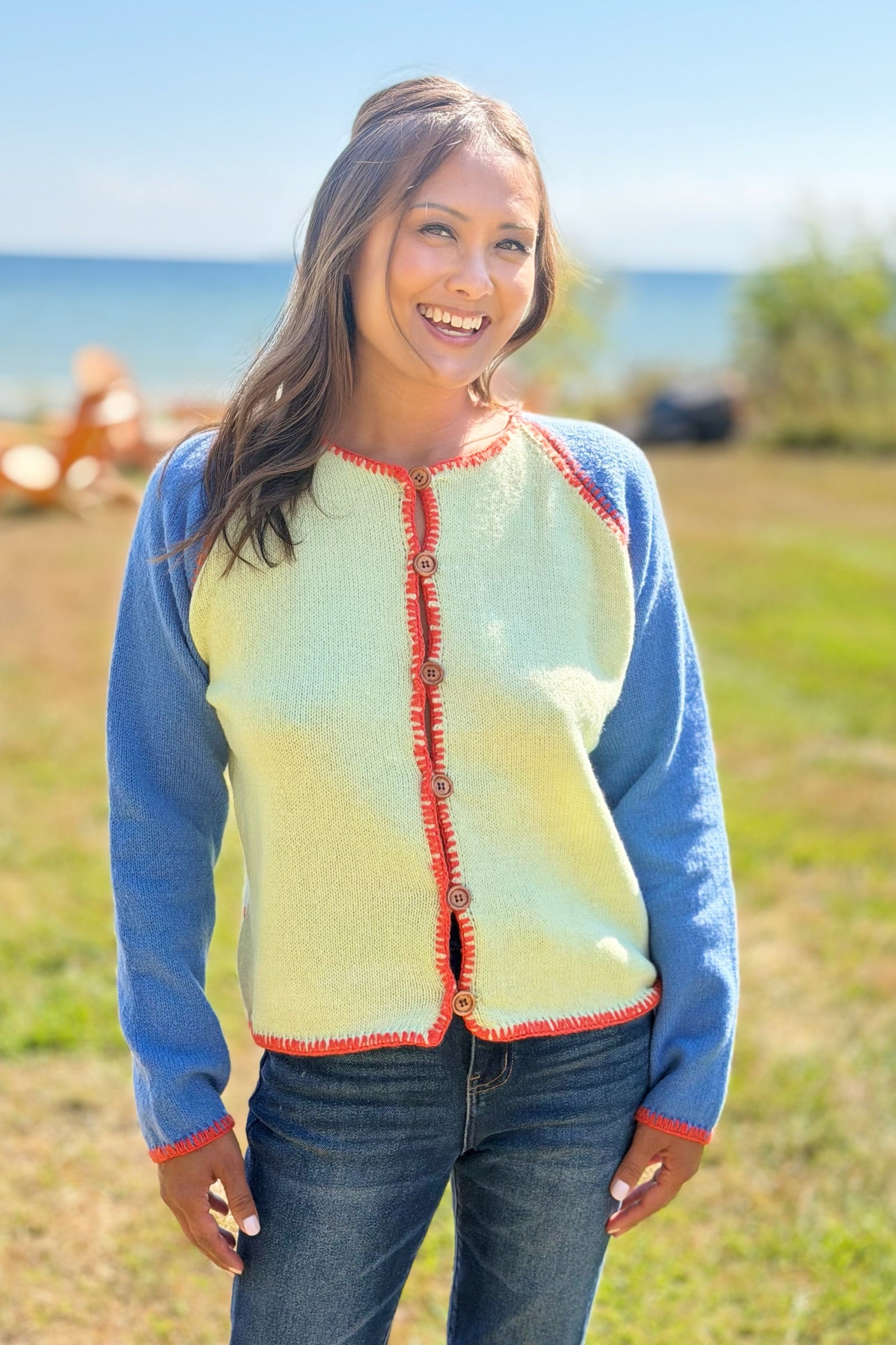 Contrast Stitch Cardigan - Honeydew