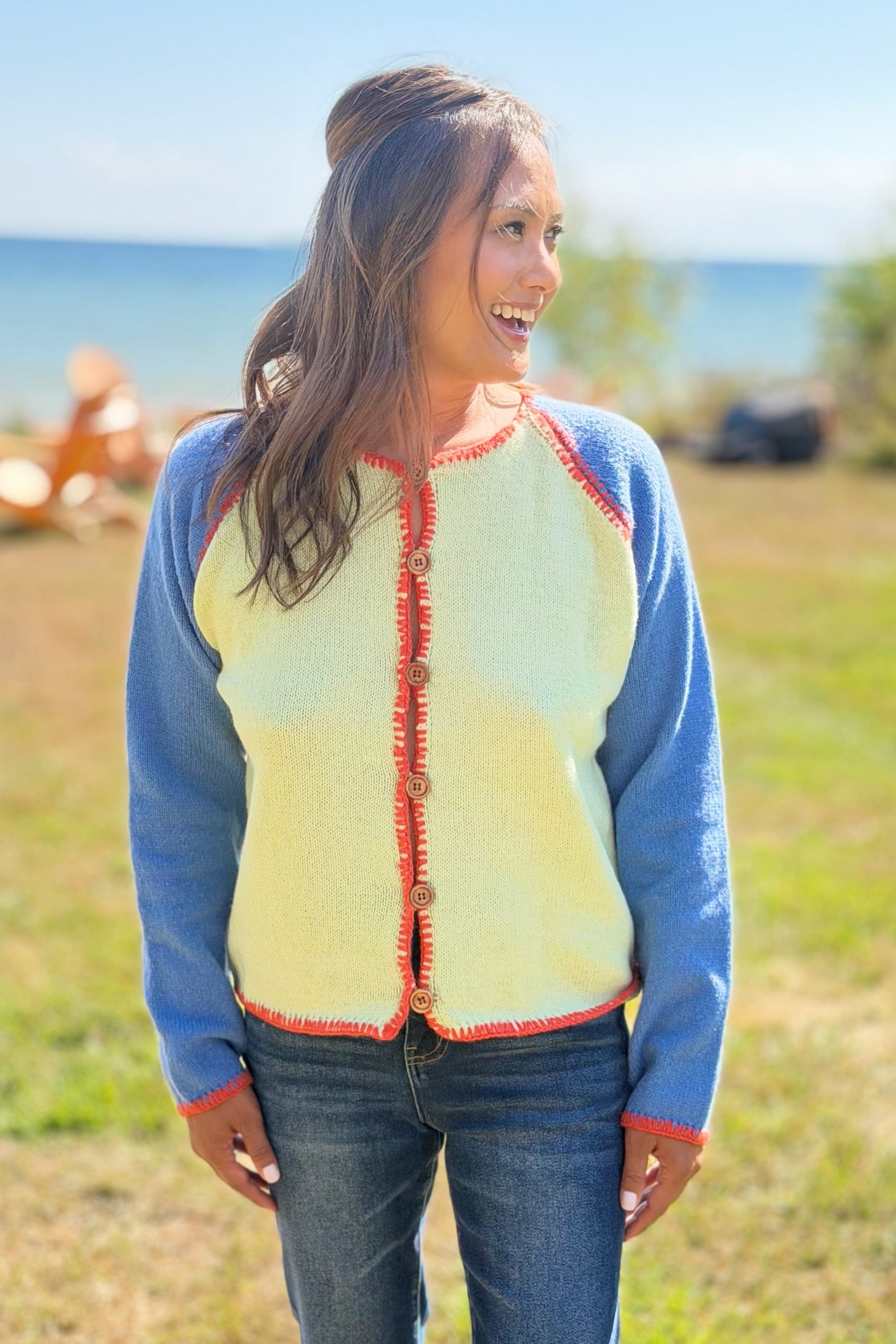 Contrast Stitch Cardigan - Honeydew