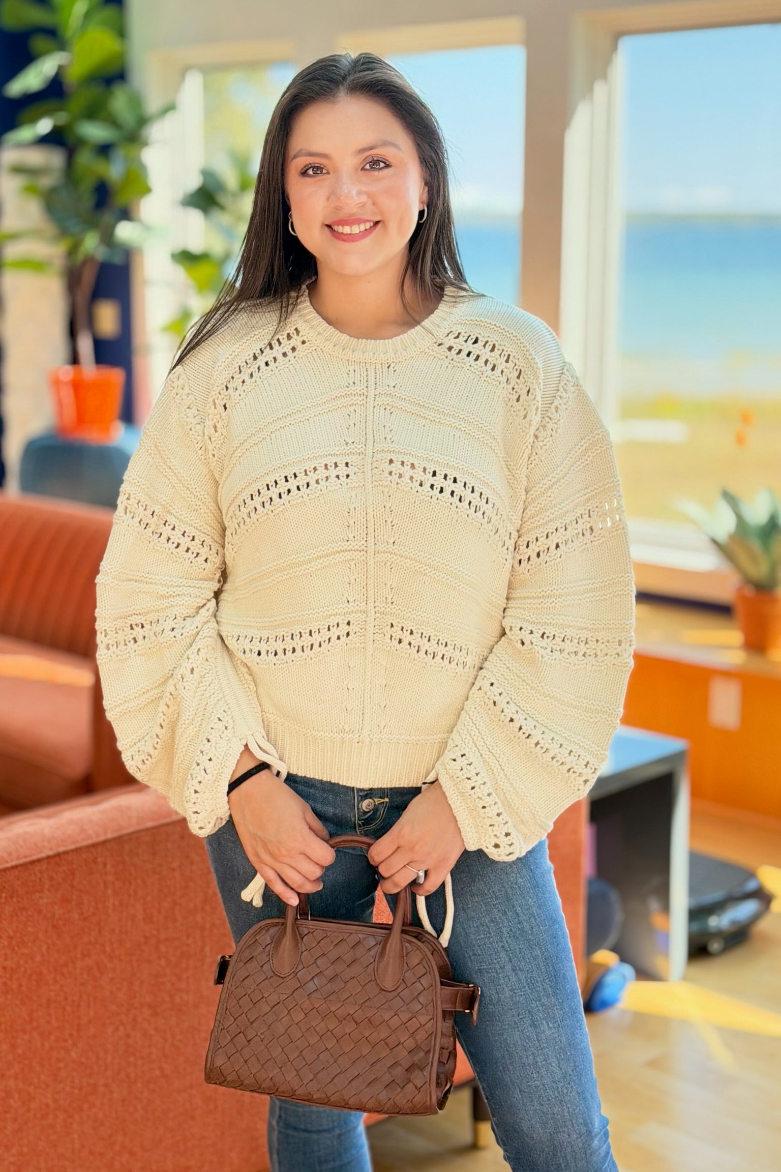 Open Knit Tie Sweater - Off White