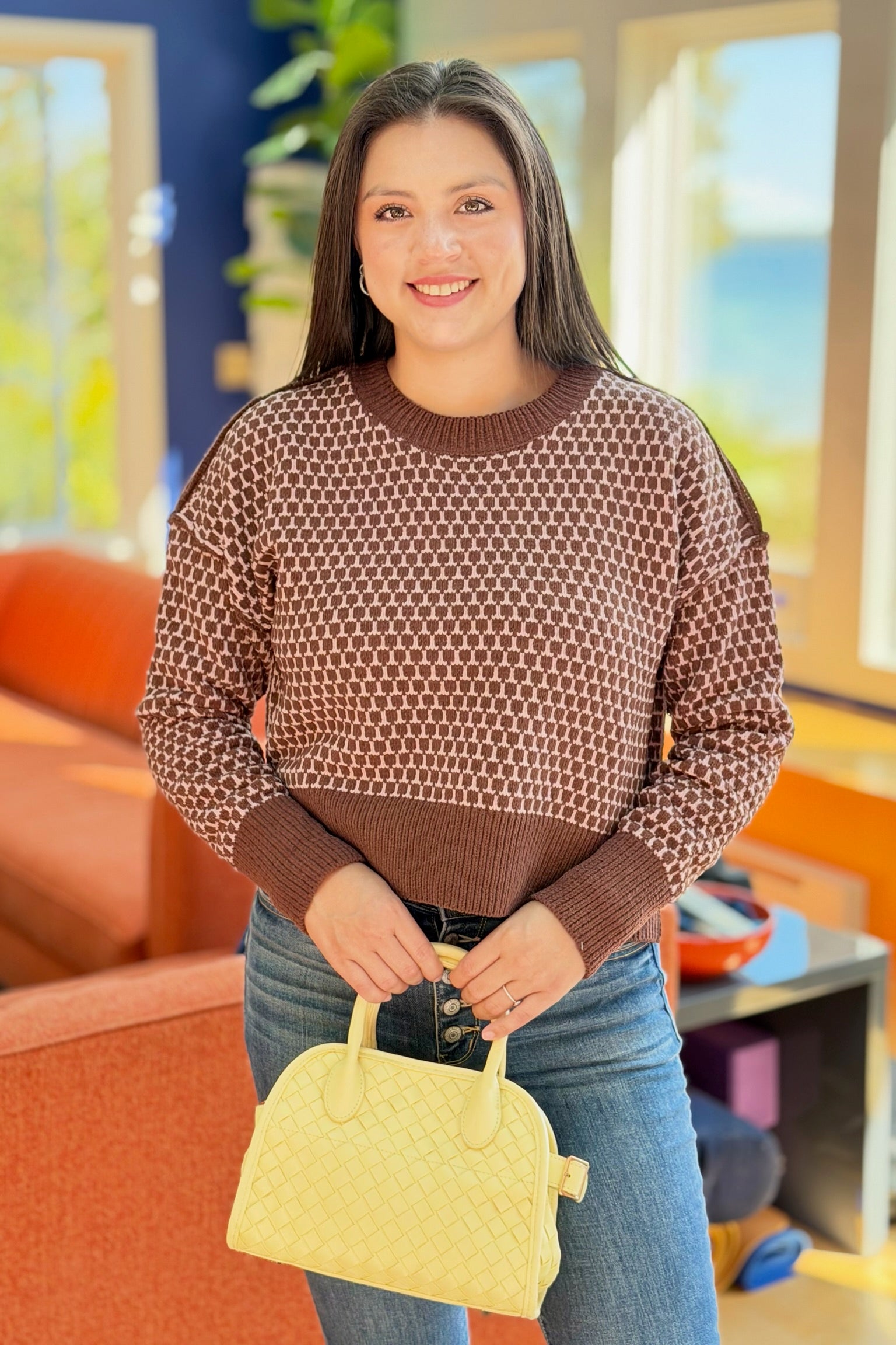 Geometric Check Sweater - Chocolate