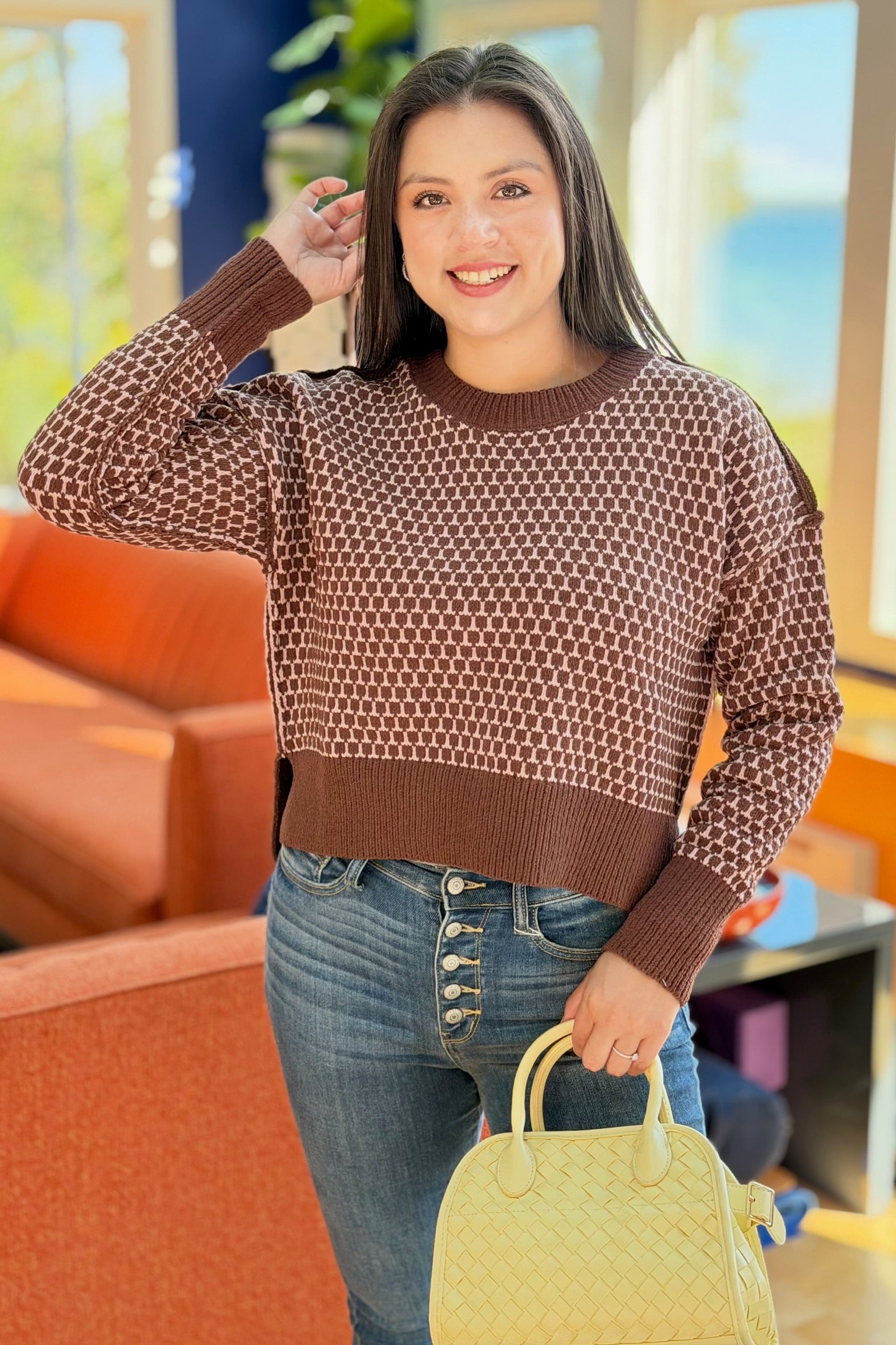 Geometric Check Sweater - Chocolate