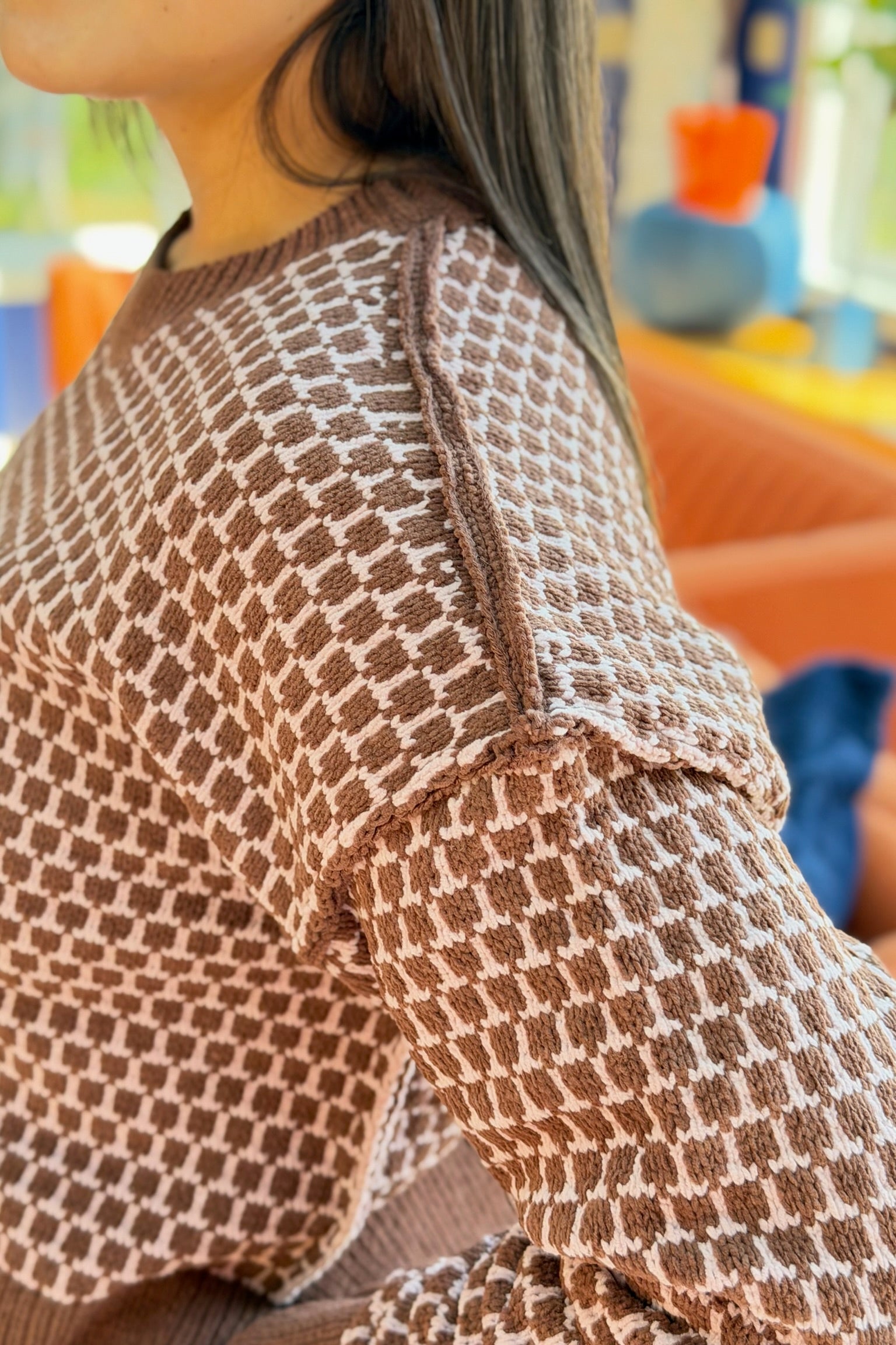 Geometric Check Sweater - Chocolate