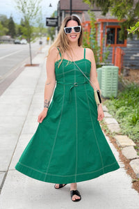 Contrast Topstitching Midi Dress - Green
