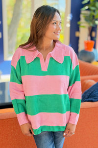 Collared Stripe Sweater Top - Green