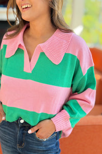 Collared Stripe Sweater Top - Green