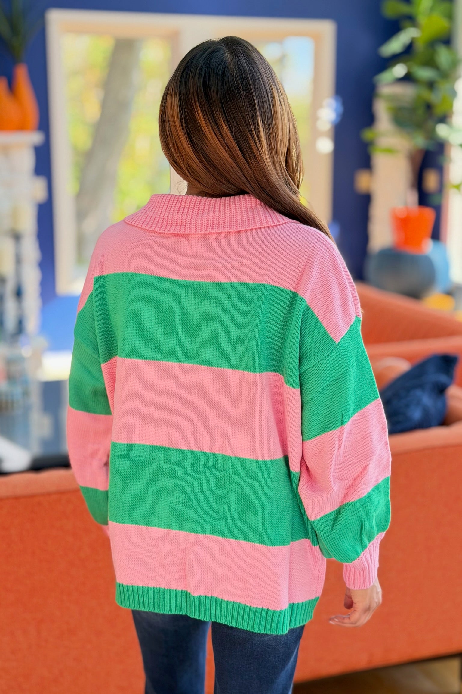 Collared Stripe Sweater Top - Green