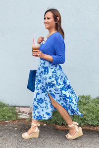 Tropical Floral Ruched Midi Skirt - Blue