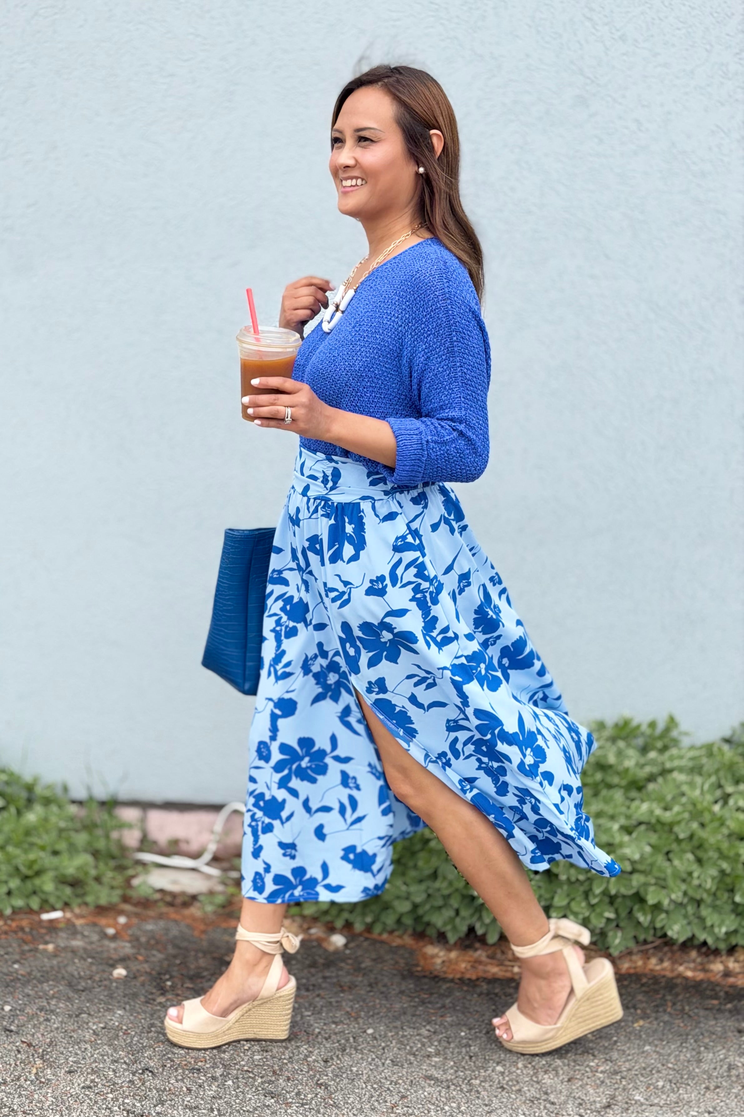 Tropical Floral Ruched Midi Skirt - Blue