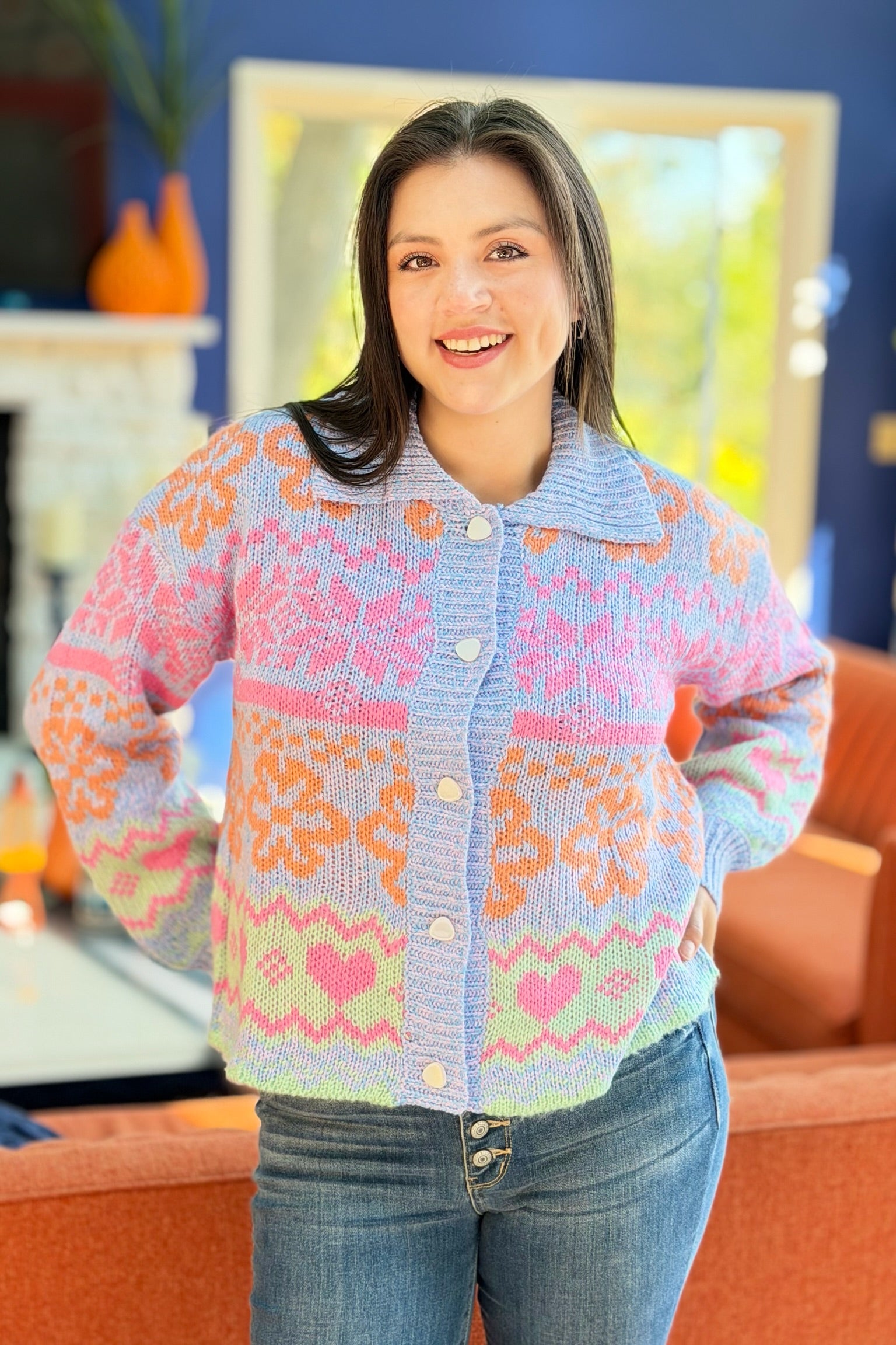 Graphic Knit Sweater Top - Blue