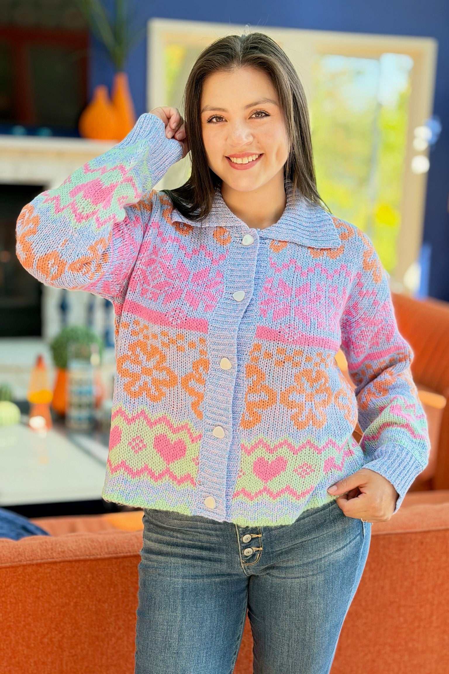 Graphic Knit Sweater Top - Blue