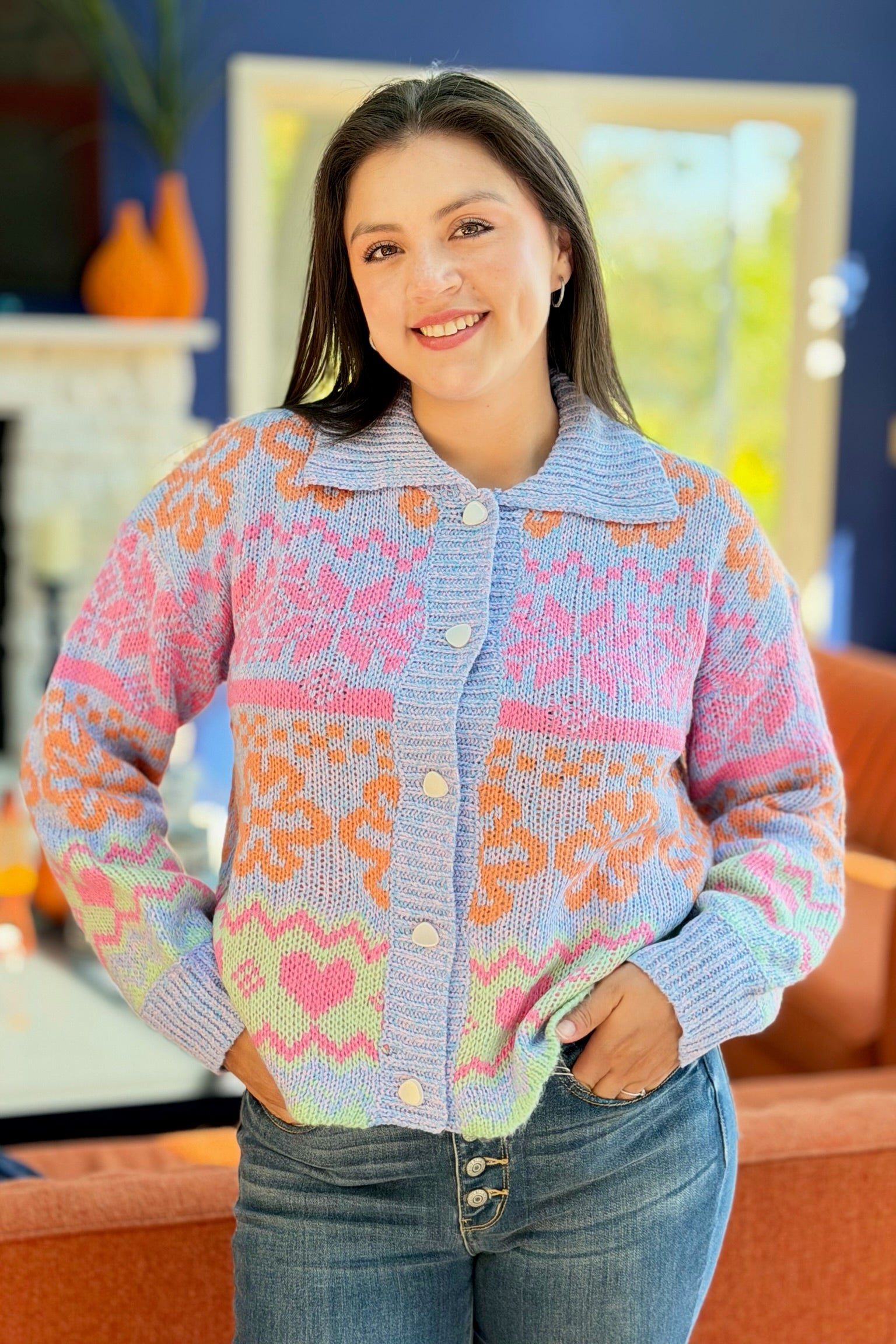 Graphic Knit Sweater Top - Blue