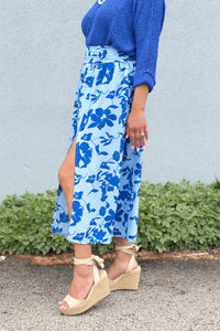 Tropical Floral Ruched Midi Skirt - Blue