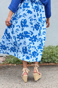 Tropical Floral Ruched Midi Skirt - Blue