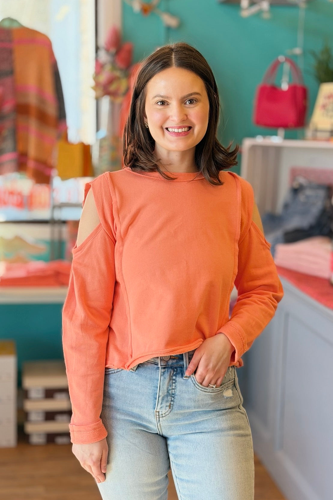 Cold Shoulder Terry Crop Top - Coral