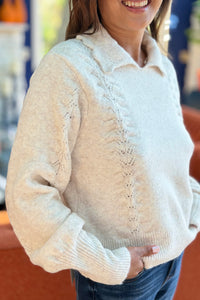 Collared Pointelle Knit Sweater - Cream