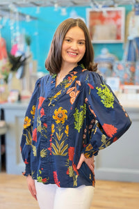 Ruffle Trim Midnight Floral Blouse