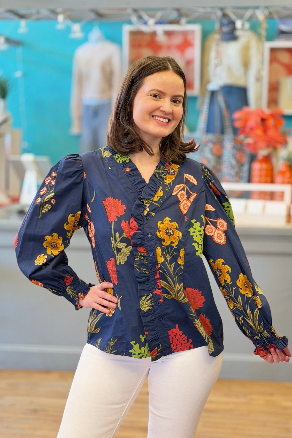 Ruffle Trim Midnight Floral Blouse