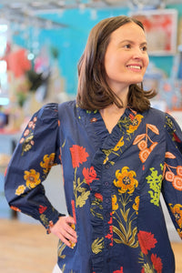 Ruffle Trim Midnight Floral Blouse