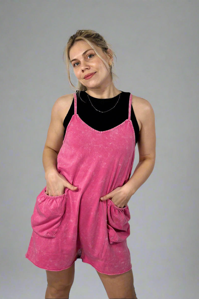 Mineral Washed Romper - Pink