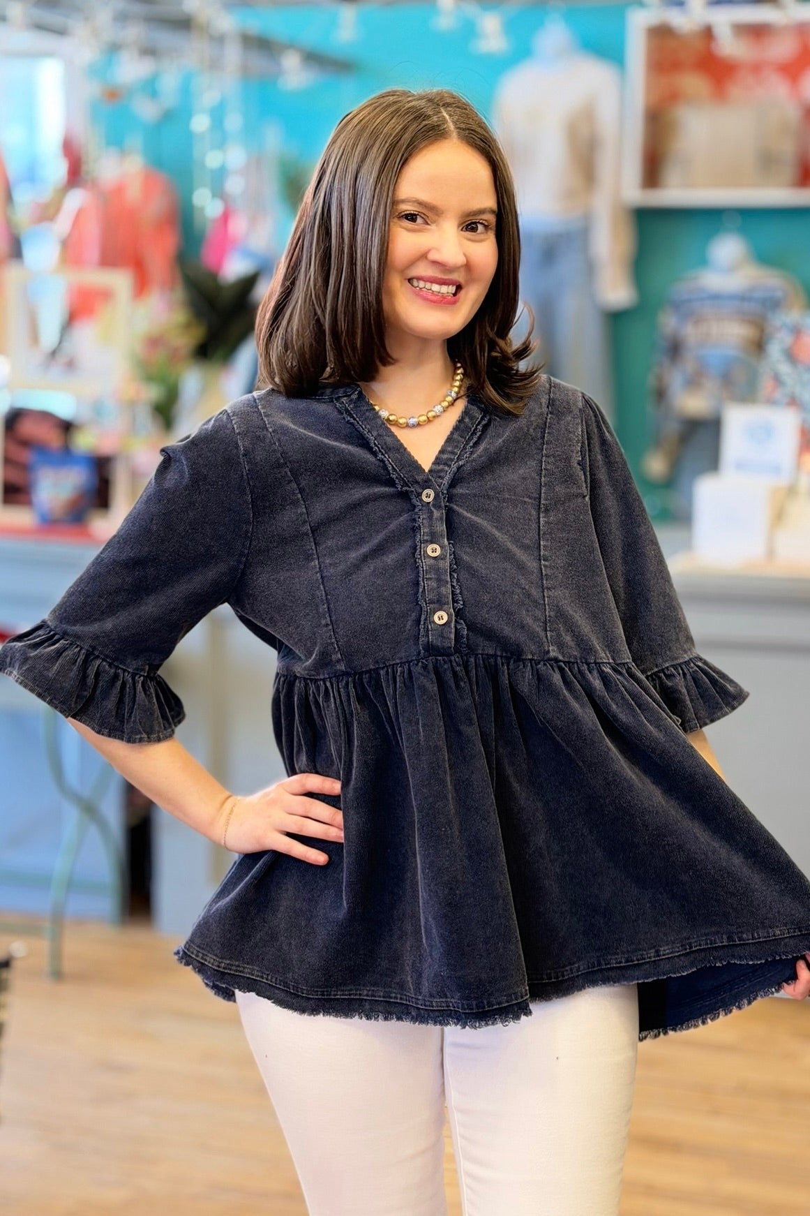 Peplum 3/4 Sleeve Top - Navy