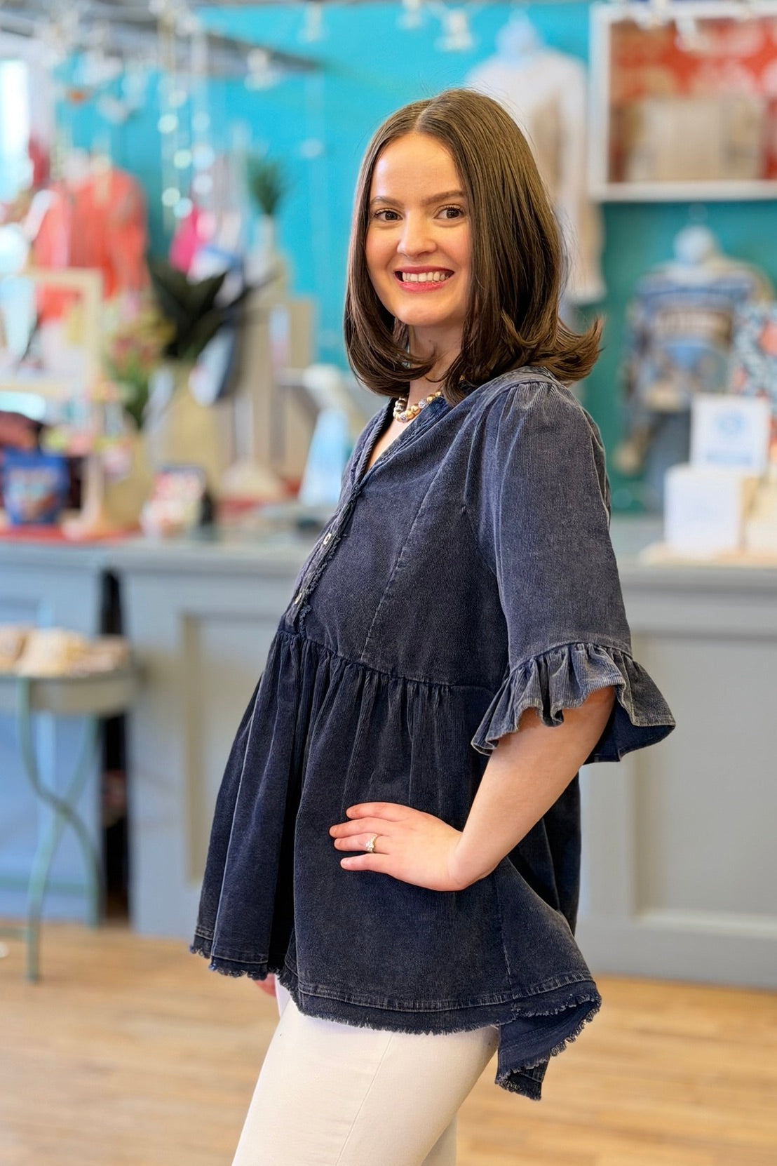 Peplum 3/4 Sleeve Top - Navy