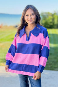 Collared Stripe Sweater Top - Blue