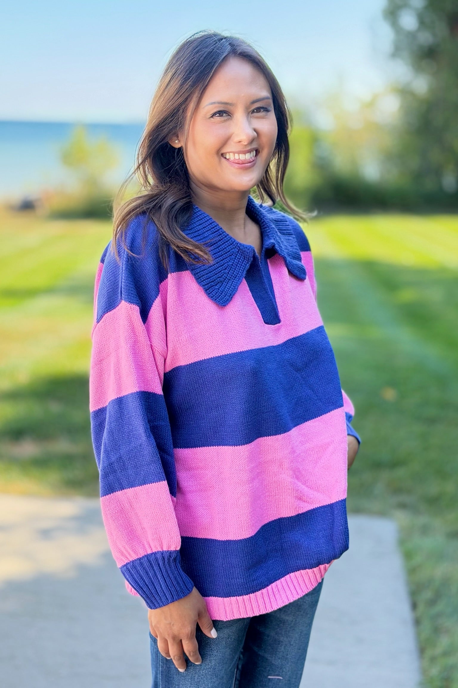 Collared Stripe Sweater Top - Blue