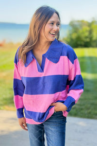 Collared Stripe Sweater Top - Blue