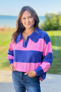 Collared Stripe Sweater Top - Blue