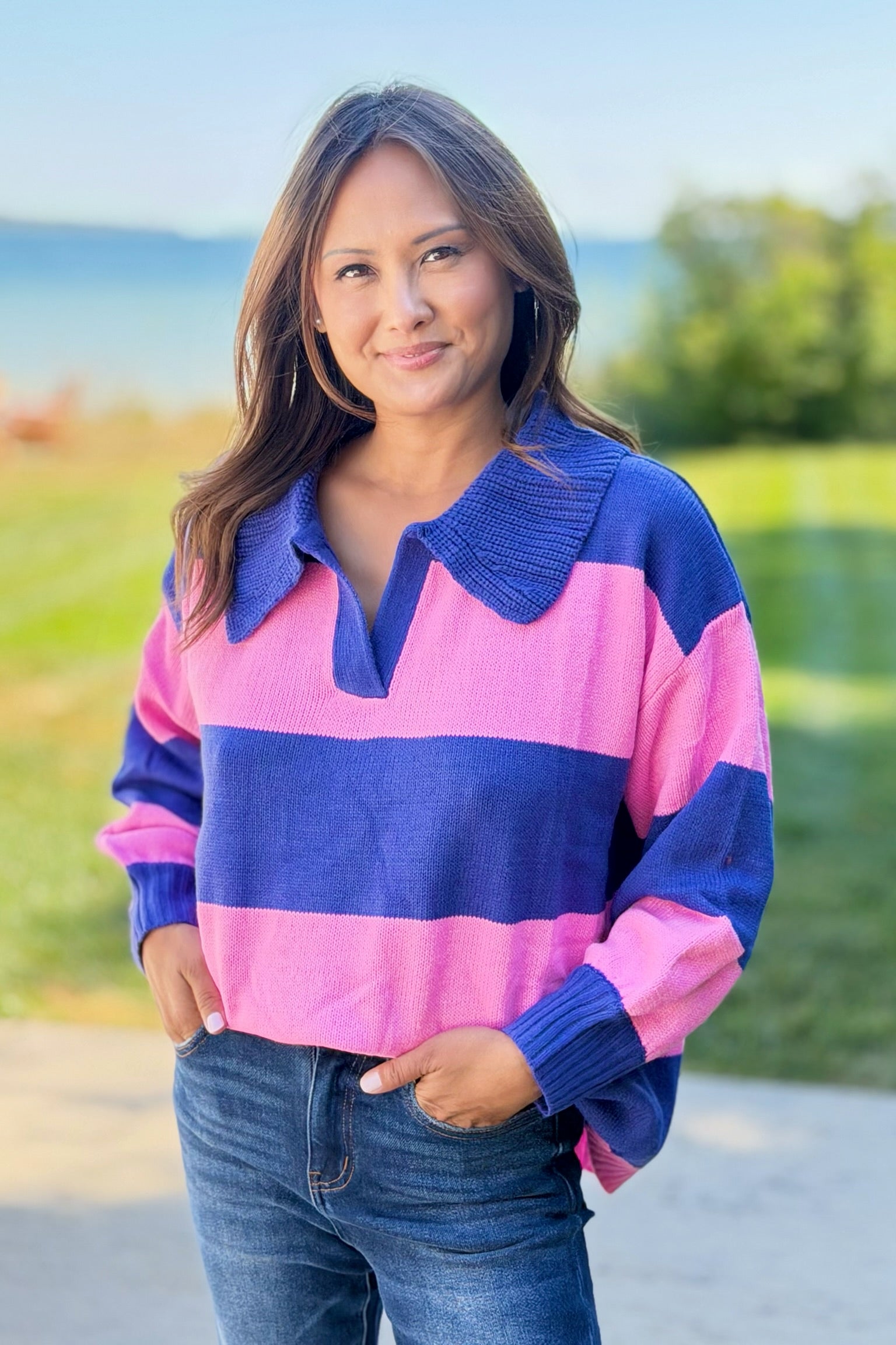 Collared Stripe Sweater Top - Blue
