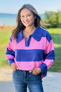 Collared Stripe Sweater Top - Blue