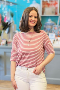 Casual Short Sleeve Stripe Top - Mauve