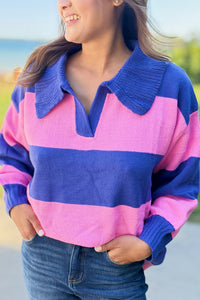 Collared Stripe Sweater Top - Blue