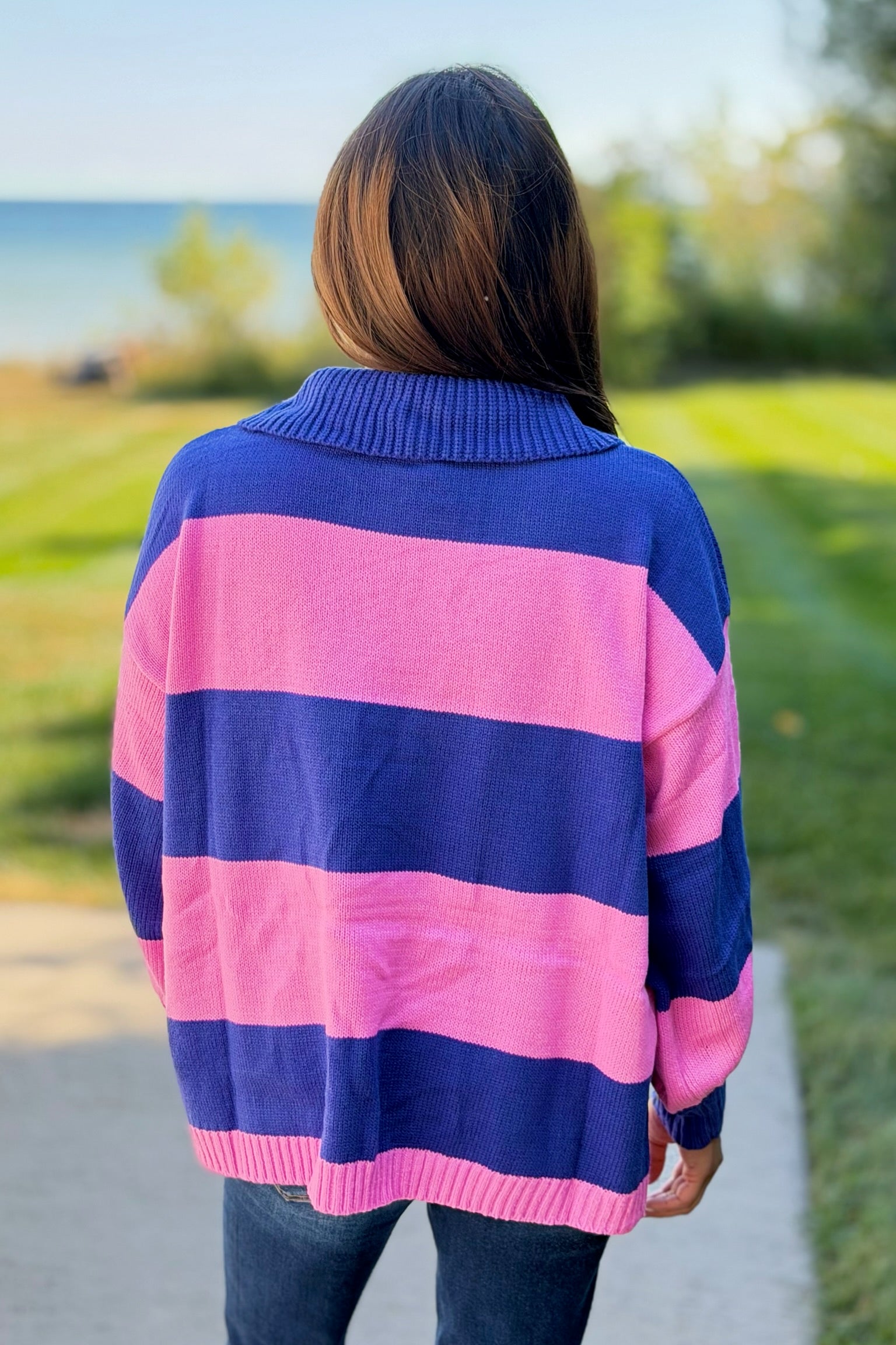 Collared Stripe Sweater Top - Blue