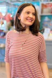 Casual Short Sleeve Stripe Top - Mauve
